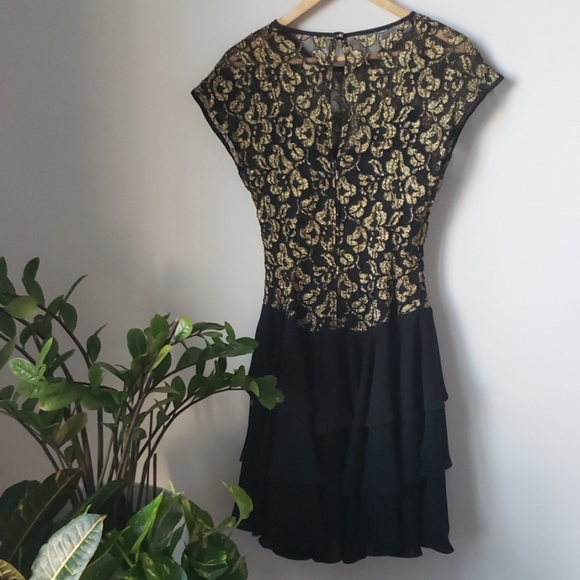Vintage Black and Gold Lace and Chiffon Dress - Picture 7 of 8